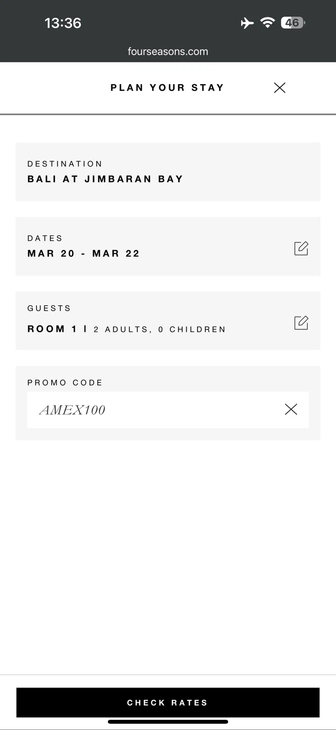 Four Seasons Hotels and Resorts checkout page showing Four Seasons Hotels and Resorts promo code box | Screenshot taken by SimplyCodes community member on Feb 15, 2024