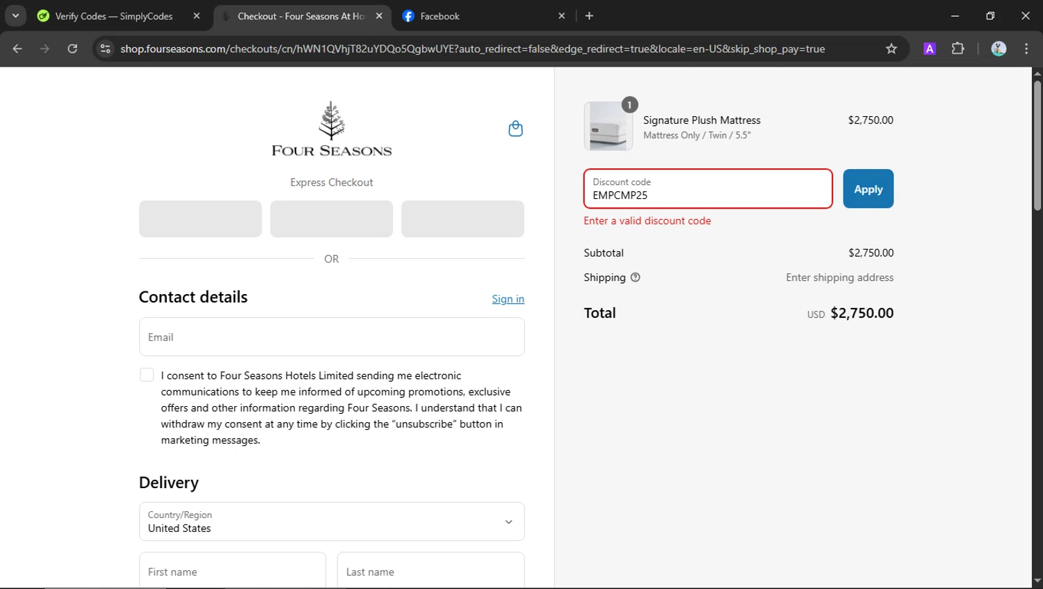 Four Seasons Hotels and Resorts promo code screenshot showing code EMPCMP25 applied at Four Seasons Hotels and Resorts checkout page. Uploaded by SimplyCodes community member SilverSeeker255 on Aug 4, 2025