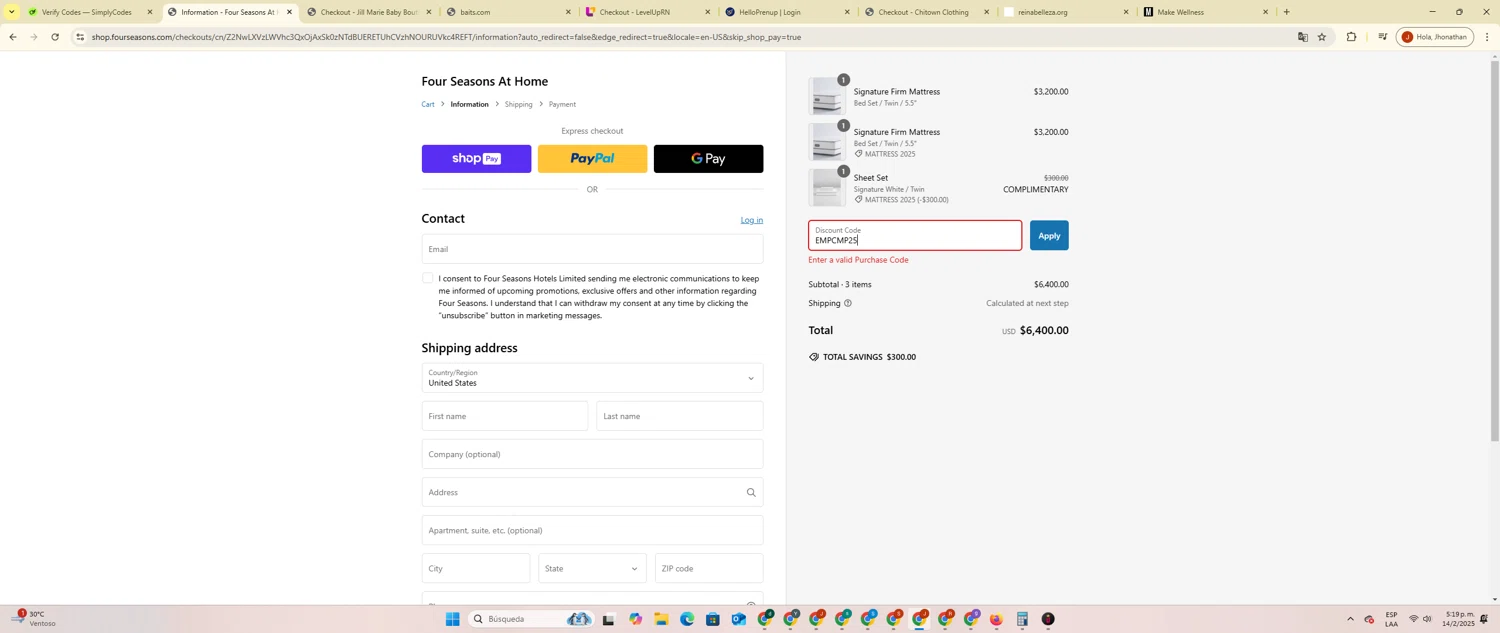 Four Seasons Hotels and Resorts promo code screenshot showing code EMPCMP25 applied at Four Seasons Hotels and Resorts checkout page. Uploaded by SimplyCodes community member PrimeBoss695 on Feb 14, 2025