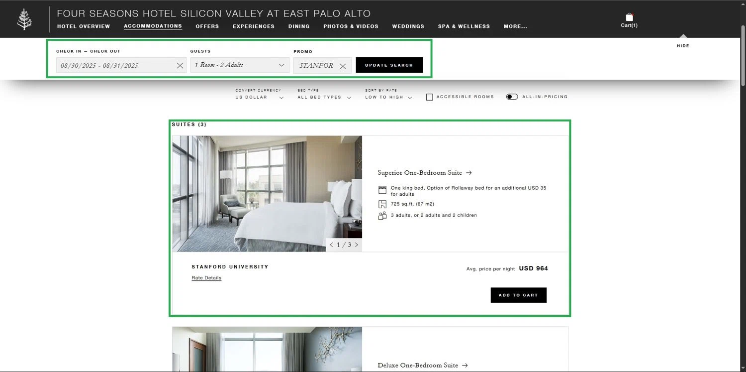 Four Seasons Hotels and Resorts promo code screenshot showing code STANFOR applied at Four Seasons Hotels and Resorts checkout page. Uploaded by SimplyCodes community member Depressive on Aug 30, 2025