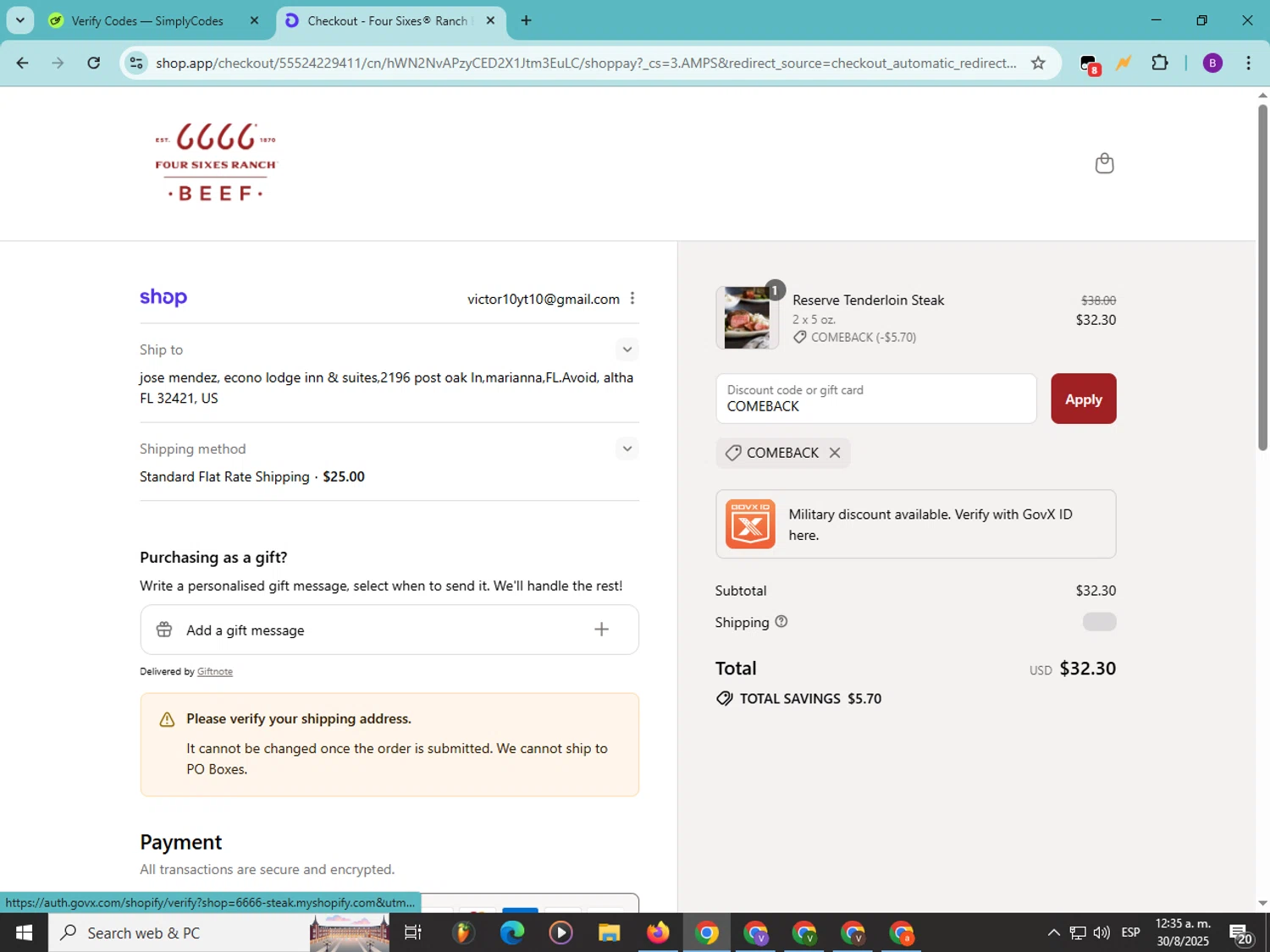 Four Sixes promo code screenshot showing code COMEBACK applied at Four Sixes checkout page. Uploaded by SimplyCodes community member Soyvictor on Aug 30, 2025