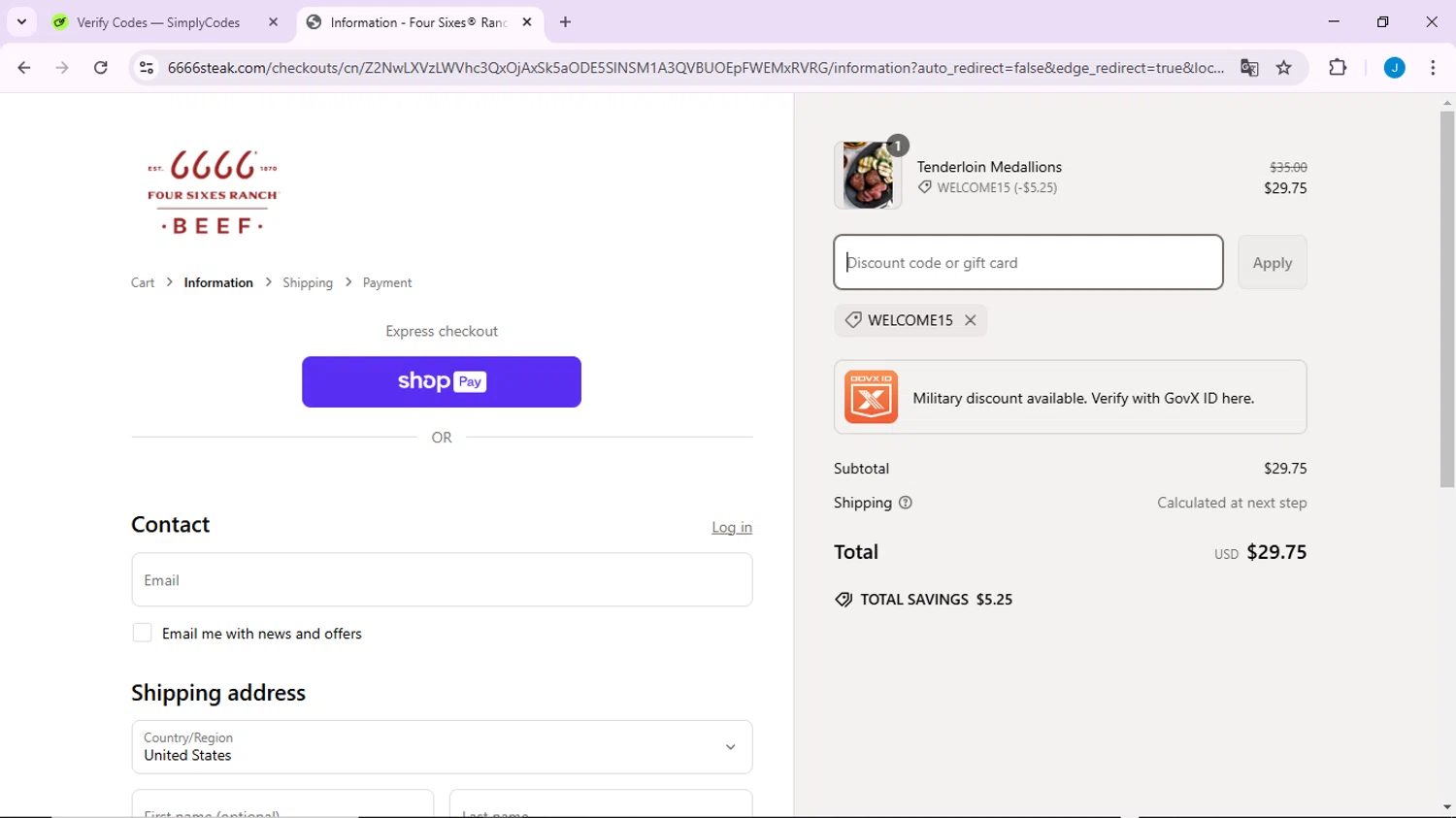 Four Sixes promo code screenshot showing code WELCOME15 applied at Four Sixes checkout page. Uploaded by SimplyCodes community member CodeLynx3161 on Mar 10, 2025