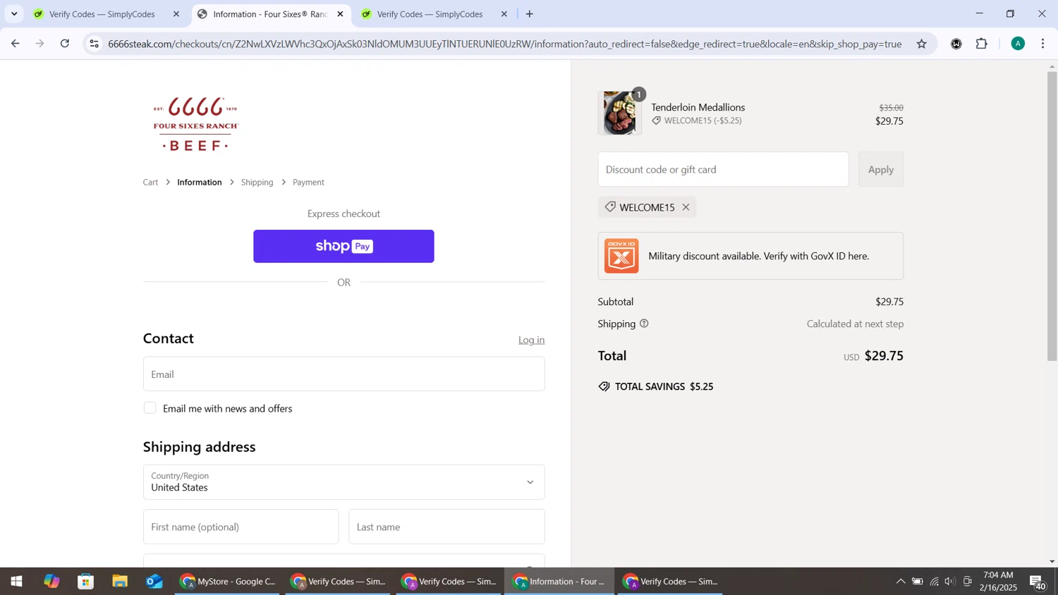 Four Sixes promo code screenshot showing code WELCOME15 applied at Four Sixes checkout page. Uploaded by SimplyCodes community member ShieldHunter3846 on Feb 16, 2025