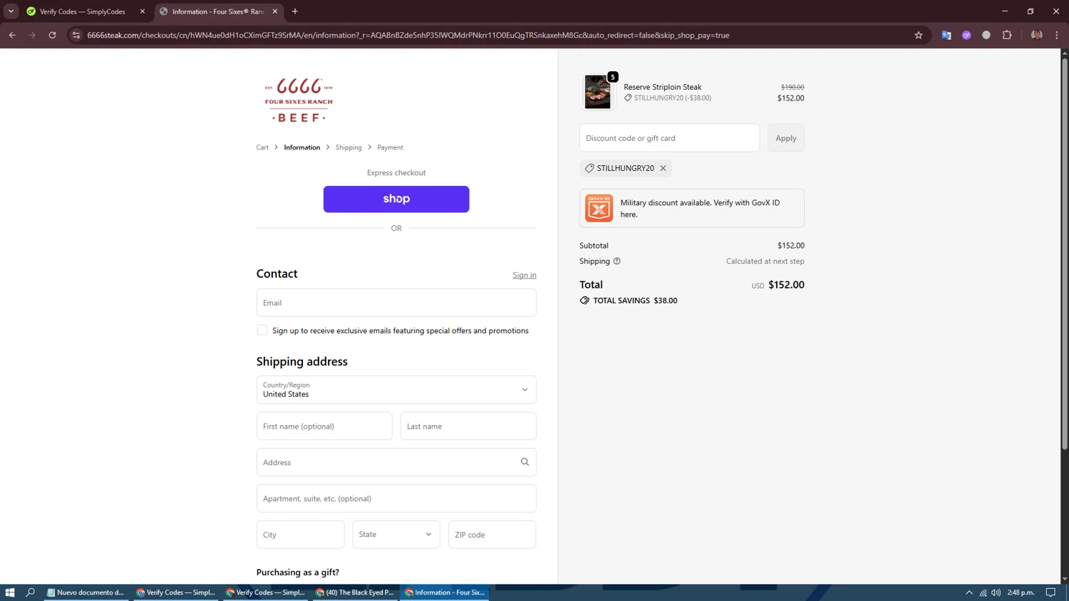 Four Sixes promo code screenshot showing code STILLHUNGRY20 applied at Four Sixes checkout page. Uploaded by SimplyCodes community member CraazyTroll123 on Nov 4, 2025