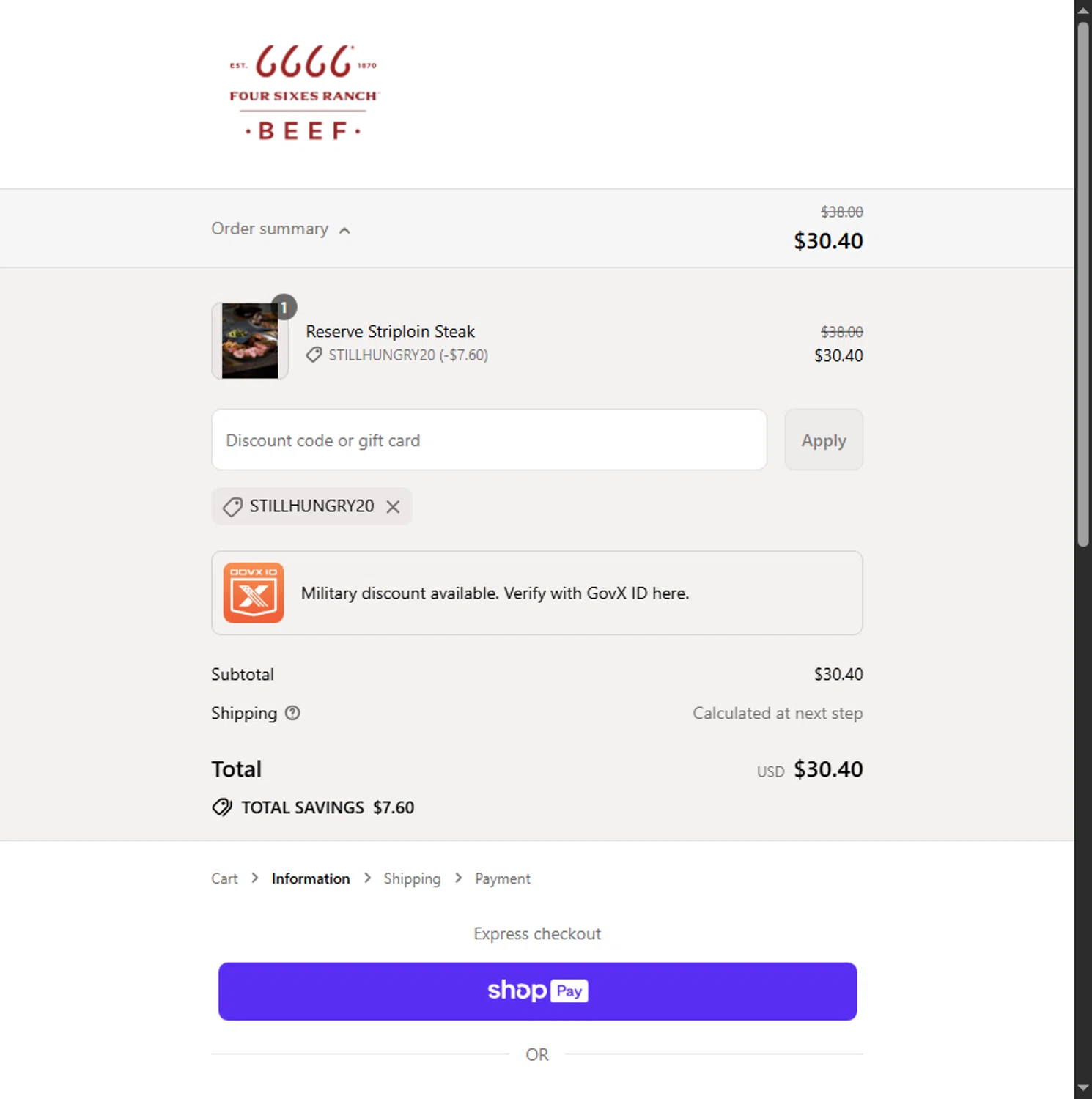 Four Sixes promo code screenshot showing code STILLHUNGRY20 applied at Four Sixes checkout page. Uploaded by SimplyCodes community member Leannysv7lla on Jul 24, 2025