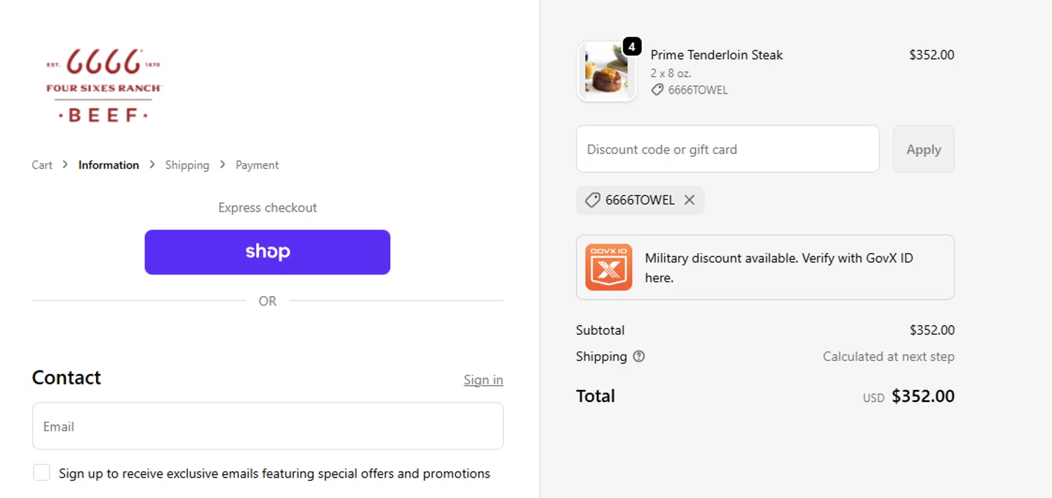 Four Sixes promo code screenshot showing code 6666TOWEL applied at Four Sixes checkout page. Uploaded by SimplyCodes community member aumentadax10 on Nov 5, 2025