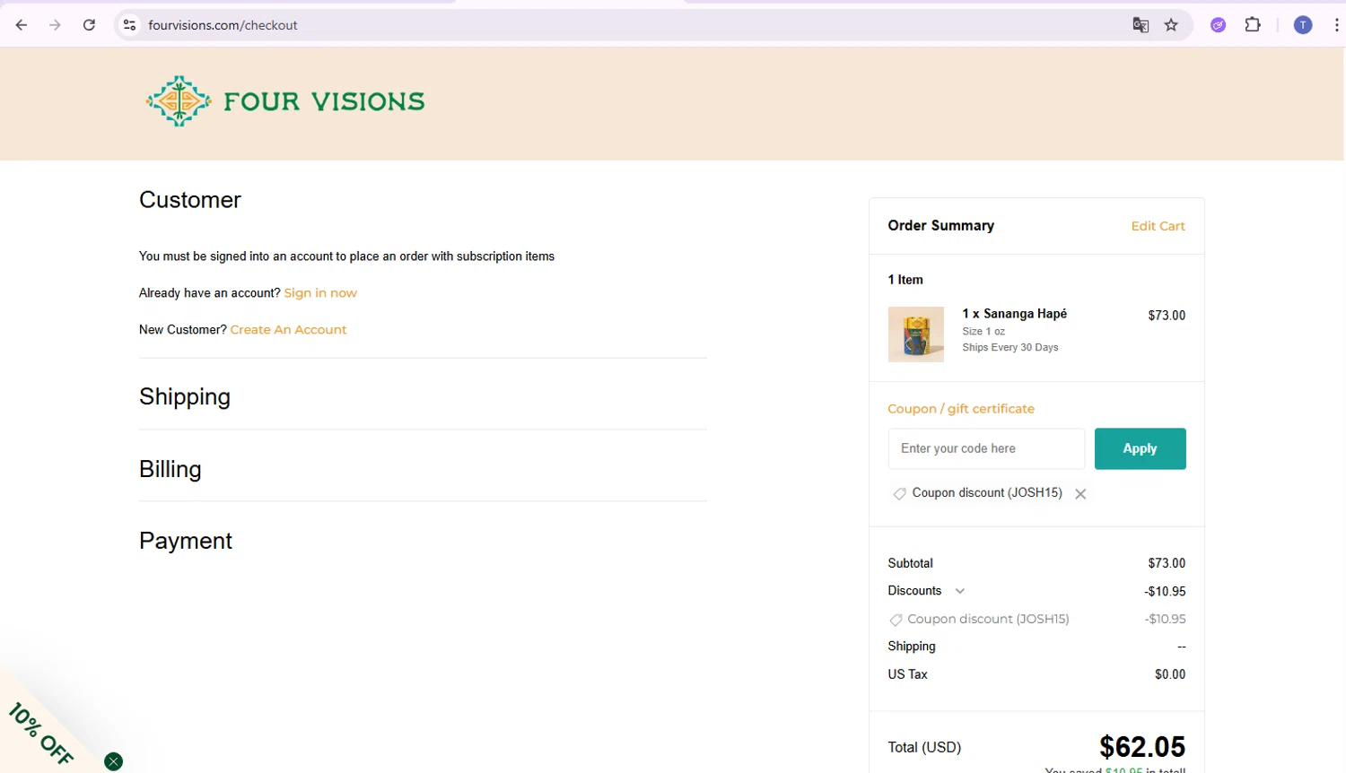 Four Visions checkout page showing Four Visions discount code box | Screenshot taken by SimplyCodes community member on Feb 4, 2026