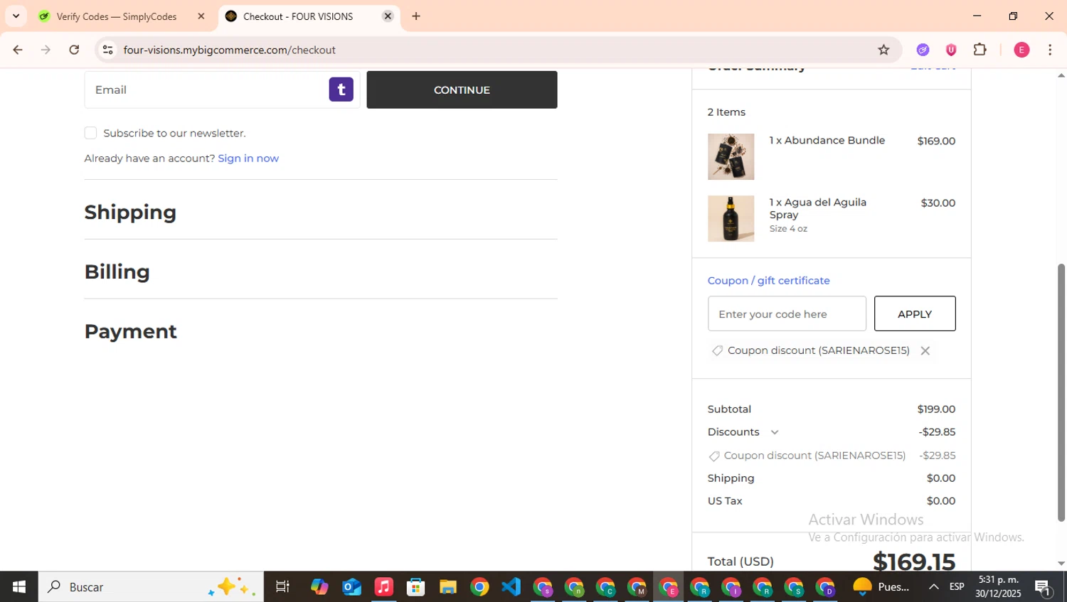 Four Visions discount code screenshot showing code SARIENAROSE15 applied at Four Visions checkout page. Uploaded by SimplyCodes community member CouponHero7312 on Dec 30, 2025