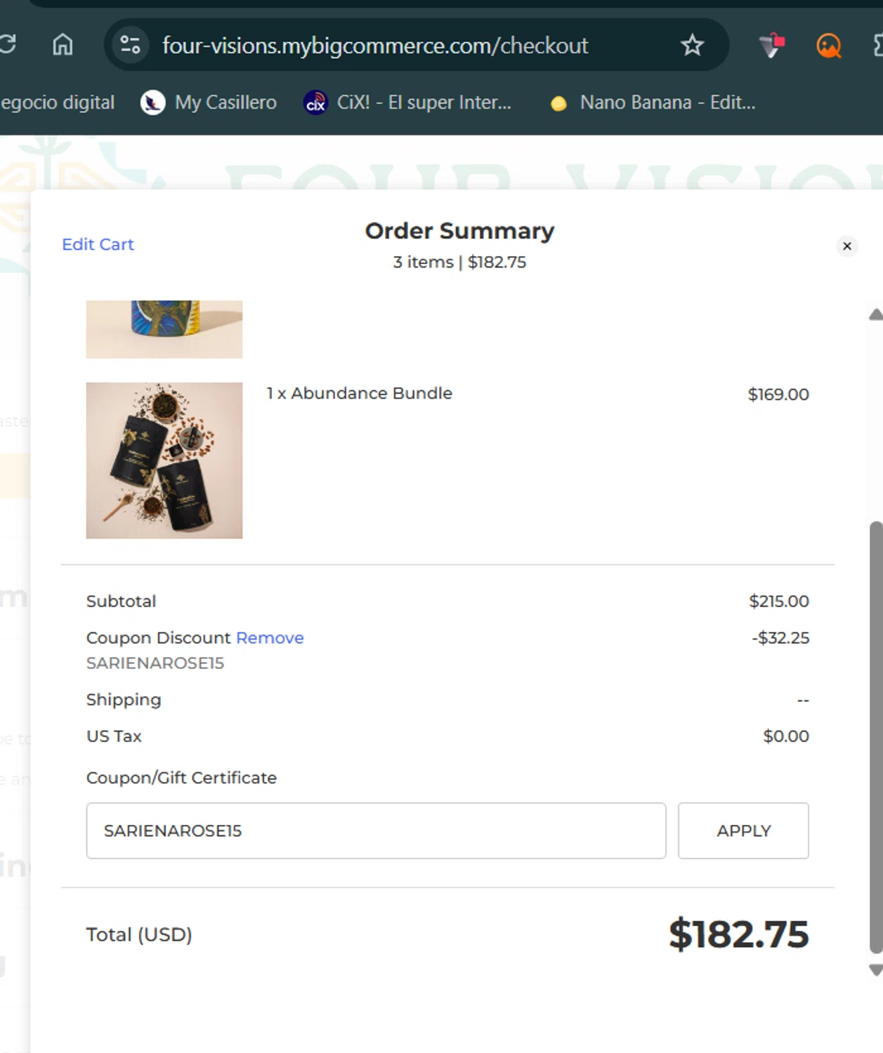 Four Visions discount code screenshot showing code SARIENAROSE15 applied at Four Visions checkout page. Uploaded by SimplyCodes community member zhandrak on Oct 29, 2025