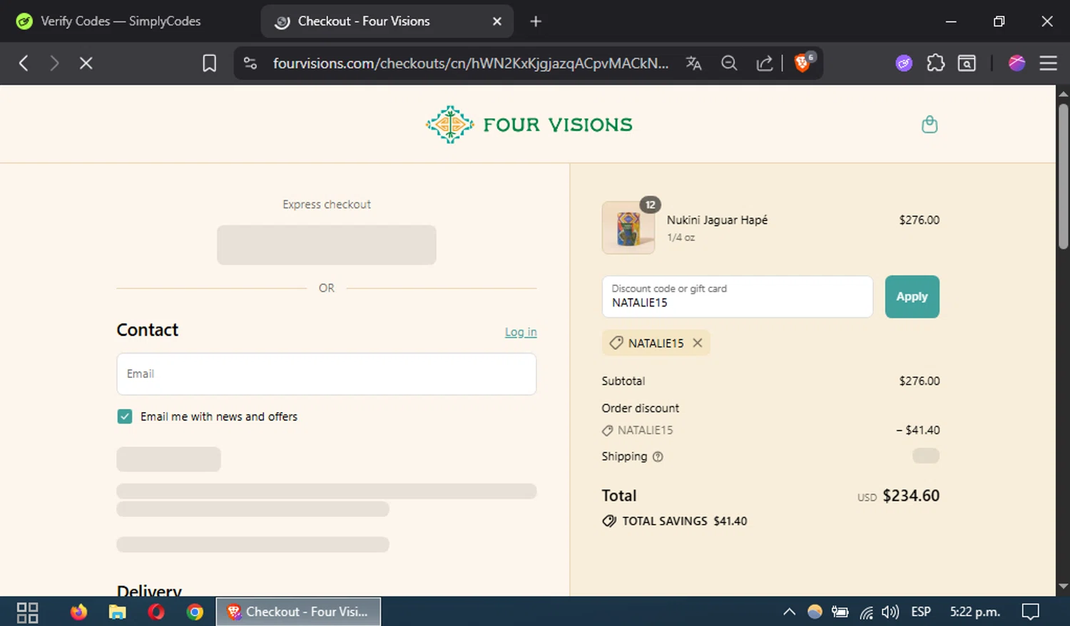 Four Visions discount code screenshot showing code NATALIE15 applied at Four Visions checkout page. Uploaded by SimplyCodes community member CouponSaver4196 on Aug 28, 2025