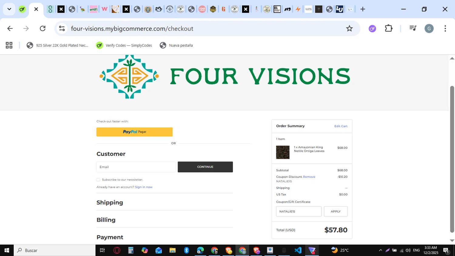 Four Visions discount code screenshot showing code NATALIE15 applied at Four Visions checkout page. Uploaded by SimplyCodes community member guest_623525963 on Dec 2, 2025