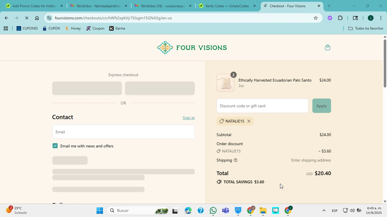Four Visions discount code screenshot showing code NATALIE15 applied at Four Visions checkout page. Uploaded by SimplyCodes community member jorgejavierherrera on Sep 14, 2025