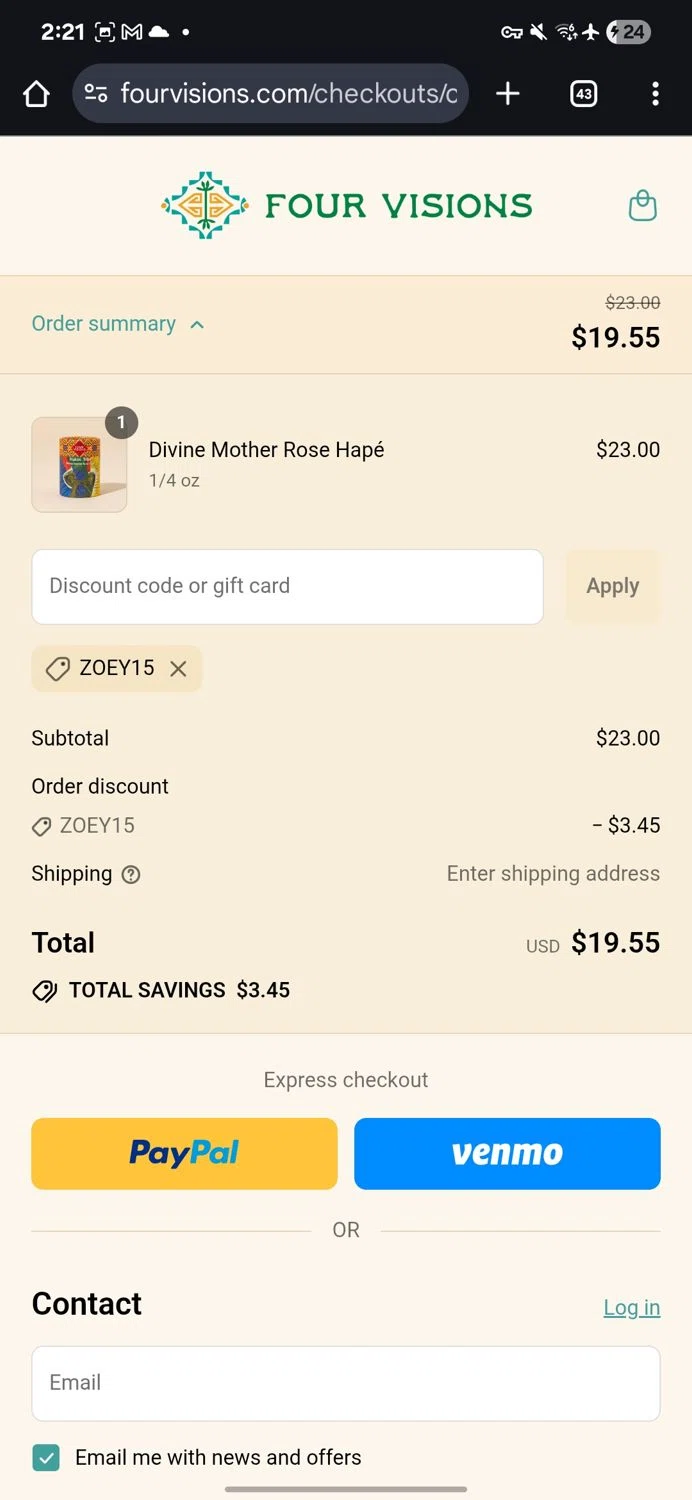 Four Visions discount code screenshot showing code ZOEY15 applied at Four Visions checkout page. Uploaded by SimplyCodes community member KataldoMustafack on Aug 15, 2025