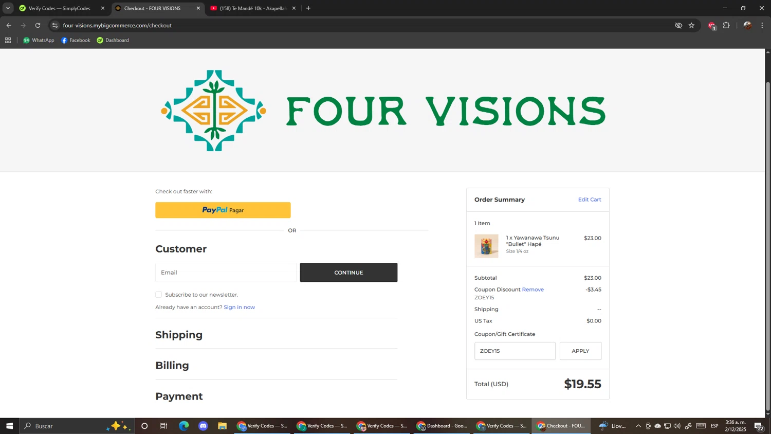 Four Visions discount code screenshot showing code ZOEY15 applied at Four Visions checkout page. Uploaded by SimplyCodes community member ScanShopper554 on Dec 2, 2025