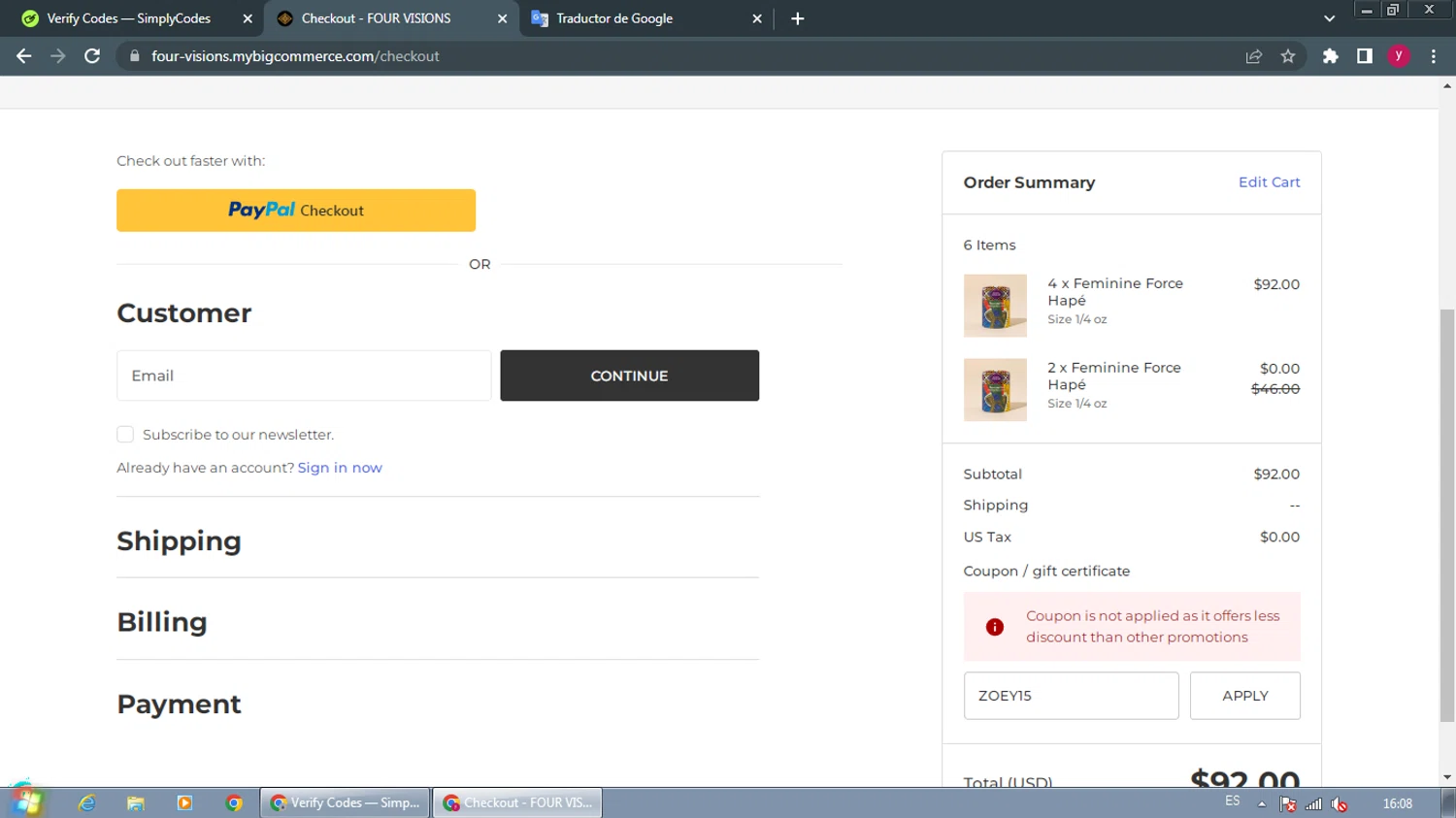 Four Visions discount code screenshot showing code ZOEY15 applied at Four Visions checkout page. Uploaded by SimplyCodes community member ThriftyWizard1508 on Dec 25, 2025
