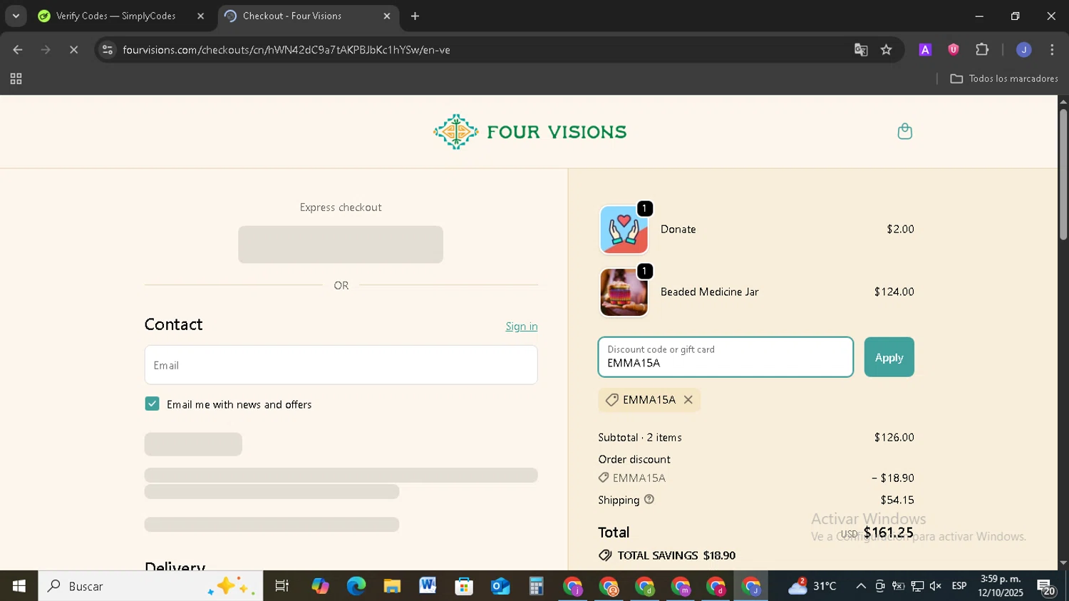 Four Visions discount code screenshot showing code EMMA15A applied at Four Visions checkout page. Uploaded by SimplyCodes community member EpicSage3474 on Oct 12, 2025