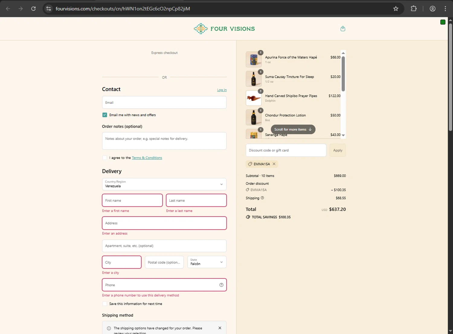 Four Visions discount code screenshot showing code EMMA15A applied at Four Visions checkout page. Uploaded by SimplyCodes community member zzzzzzza on Aug 15, 2025