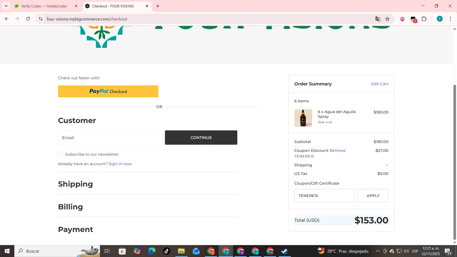 Four Visions discount code screenshot showing code TENERE15 applied at Four Visions checkout page. Uploaded by SimplyCodes community member codygakpo on Nov 22, 2025
