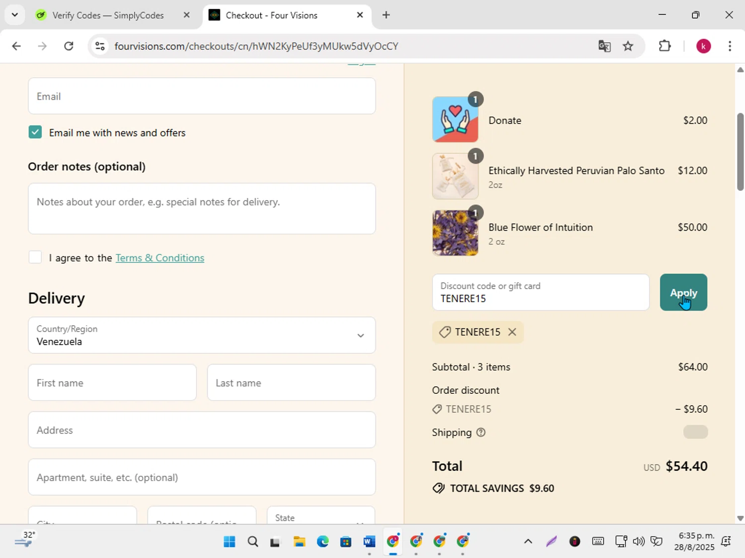 Four Visions discount code screenshot showing code TENERE15 applied at Four Visions checkout page. Uploaded by SimplyCodes community member karoline on Aug 28, 2025