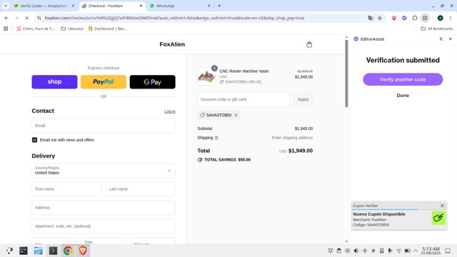 FoxAlien checkout page showing FoxAlien discount code box | Screenshot taken by SimplyCodes community member on Aug 31, 2025