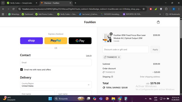 FoxAlien checkout page showing FoxAlien discount code box | Screenshot taken by SimplyCodes community member on Aug 31, 2025