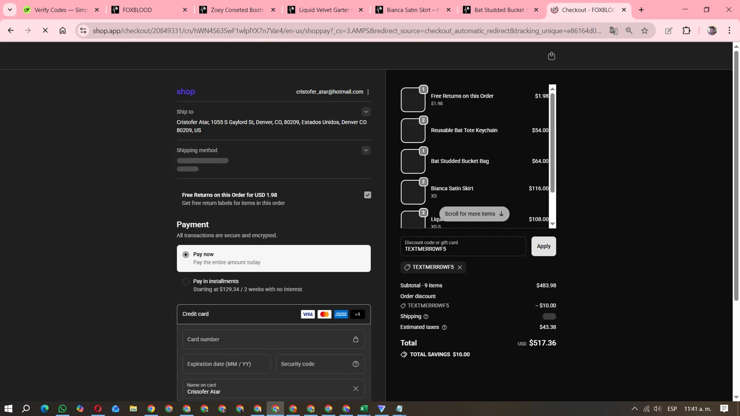 Foxblood discount code screenshot showing code TEXTMERR0WF5 applied at Foxblood checkout page. Uploaded by SimplyCodes community member DavGutFig on Oct 23, 2025