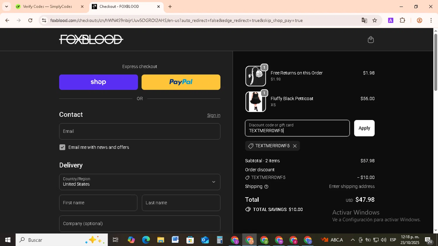 Foxblood discount code screenshot showing code TEXTMERR0WF5 applied at Foxblood checkout page. Uploaded by SimplyCodes community member RebateCollector5909 on Oct 23, 2025