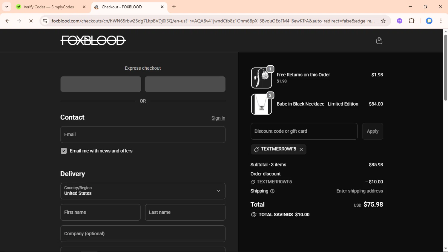 Foxblood discount code screenshot showing code TEXTMERR0WF5 applied at Foxblood checkout page. Uploaded by SimplyCodes community member davidguardia on Dec 5, 2025