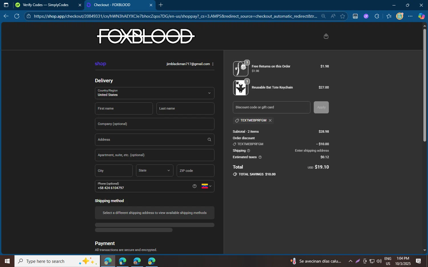 Foxblood discount code screenshot showing code TEXTMEBPRFGM applied at Foxblood checkout page. Uploaded by SimplyCodes community member jvllsk3 on Oct 3, 2025