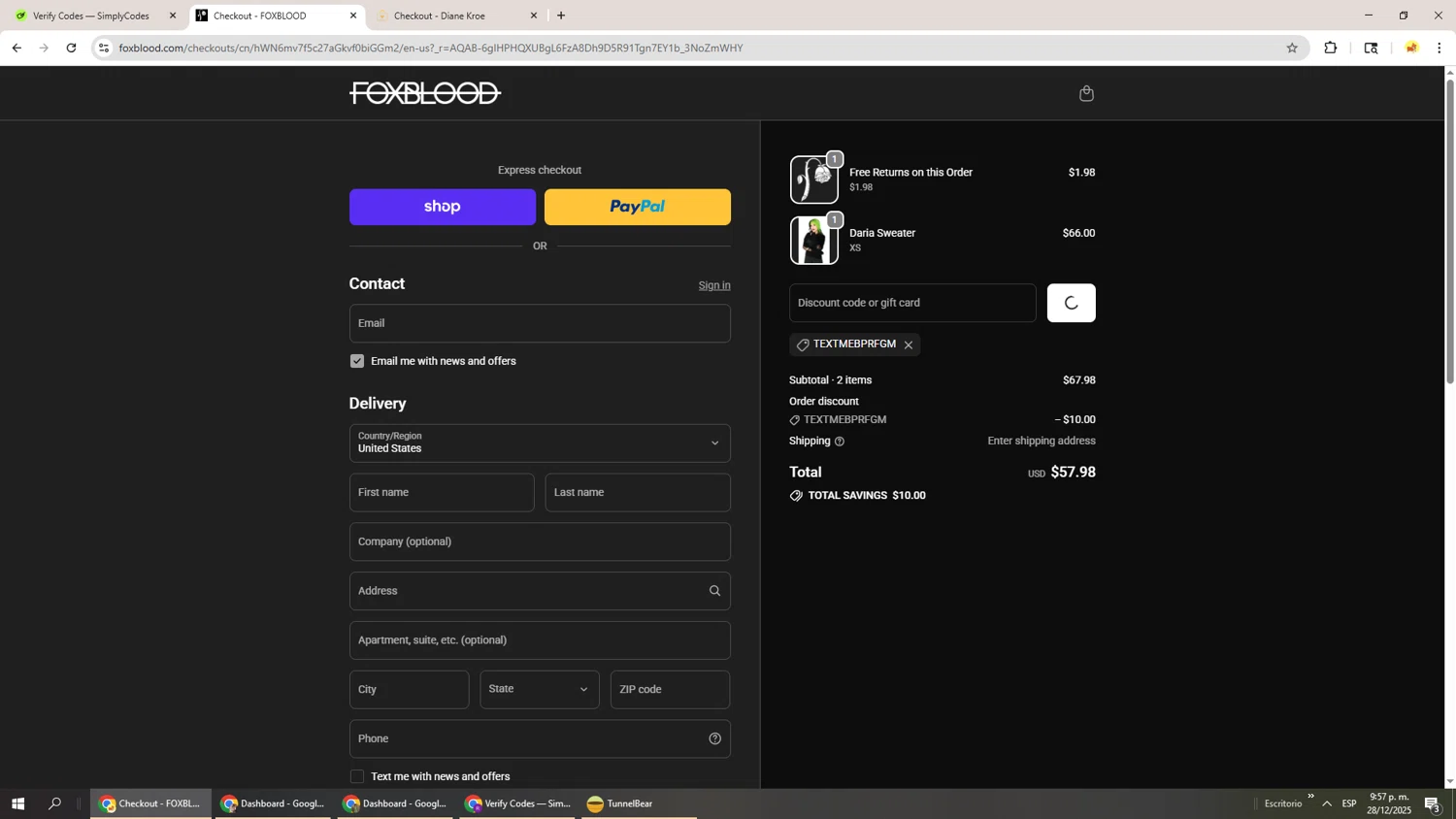 Foxblood discount code screenshot showing code TEXTMEBPRFGM applied at Foxblood checkout page. Uploaded by SimplyCodes community member Richard251 on Dec 29, 2025