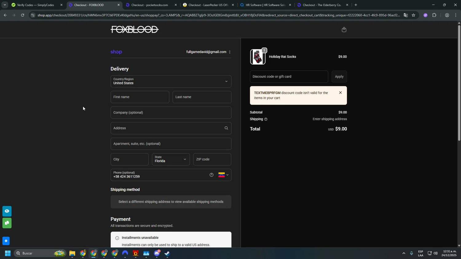 Foxblood discount code screenshot showing code TEXTMEBPRFGM applied at Foxblood checkout page. Uploaded by SimplyCodes community member sfdfgdsfgdfgdfg on Dec 24, 2025