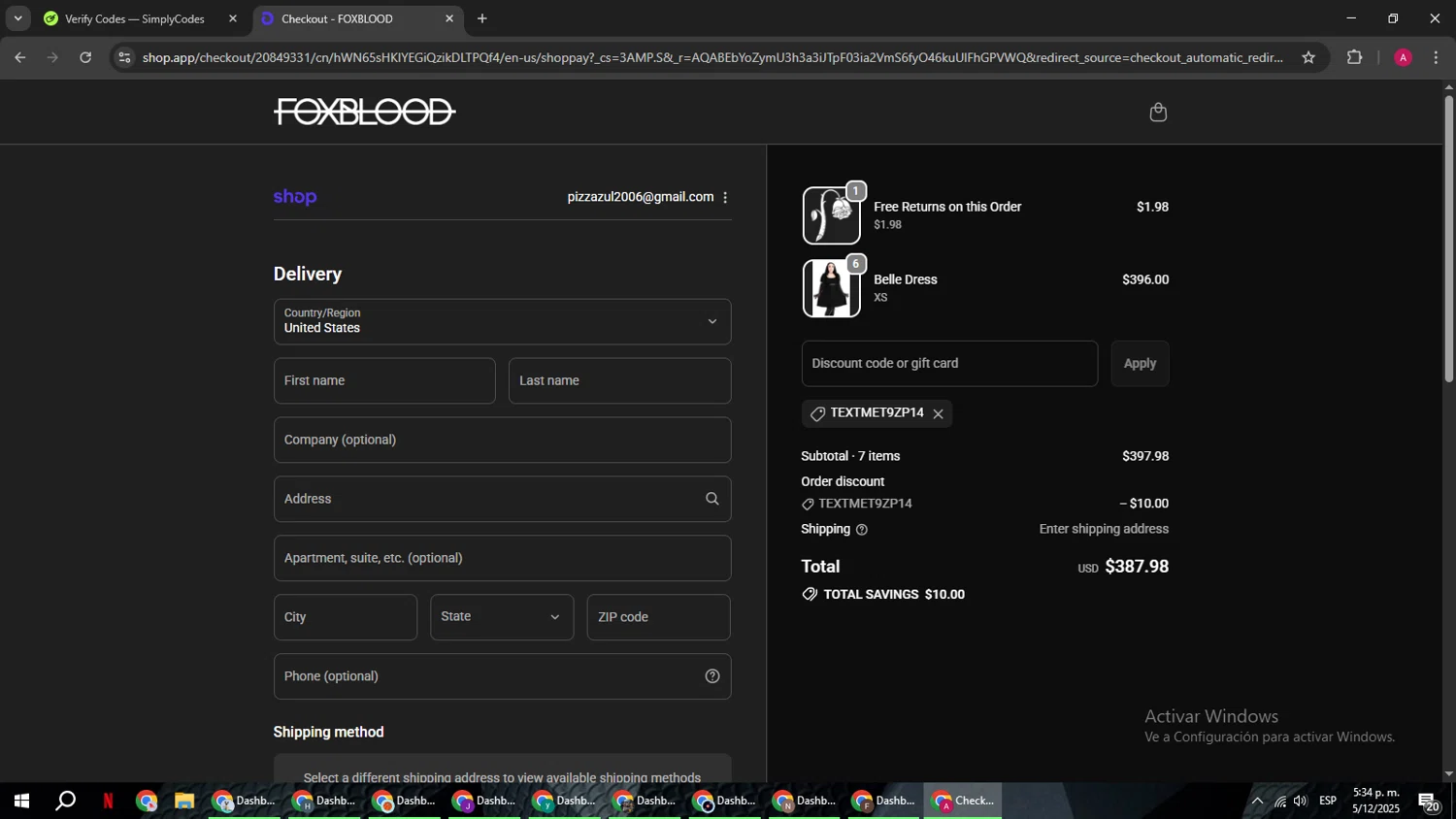Foxblood discount code screenshot showing code TEXTMET9ZP14 applied at Foxblood checkout page. Uploaded by SimplyCodes community member BMWGS1200 on Dec 5, 2025