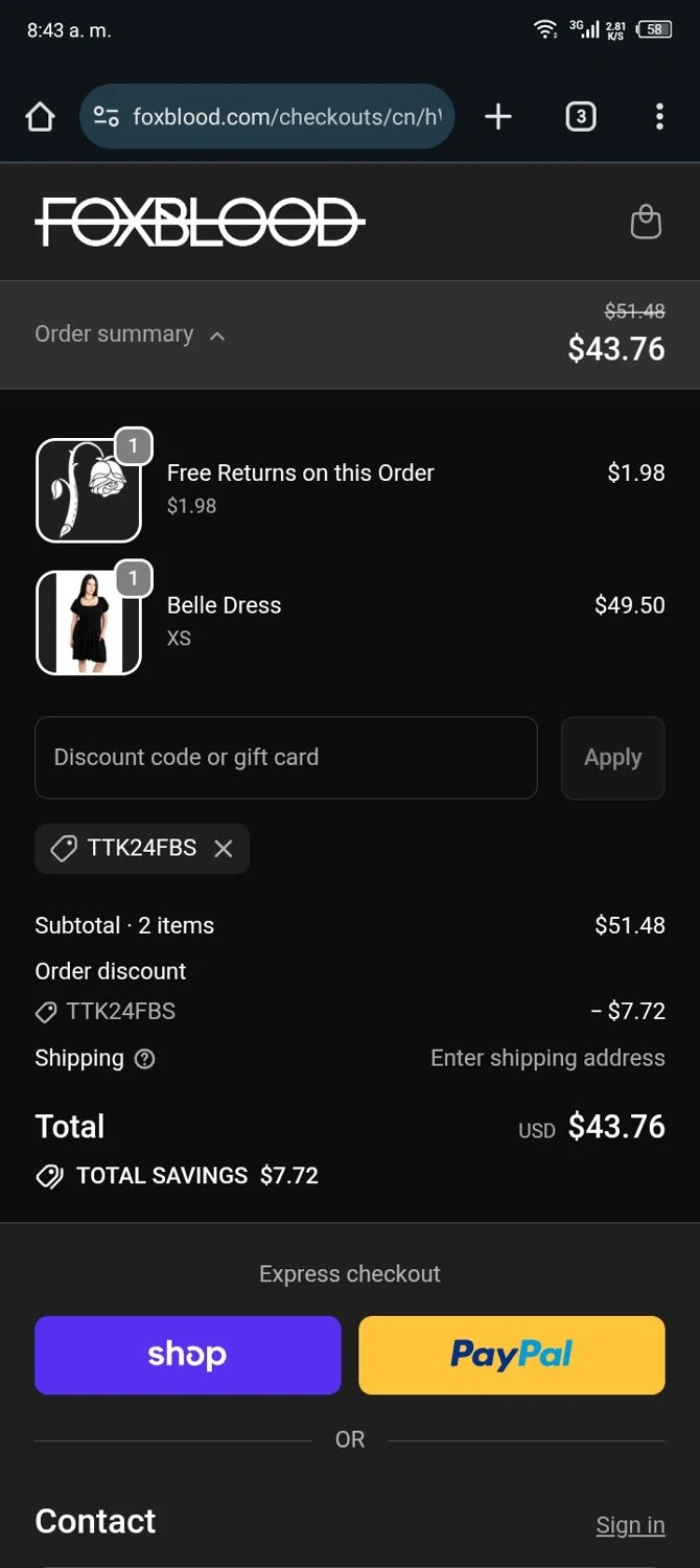 Foxblood discount code screenshot showing code TTK24FBS applied at Foxblood checkout page. Uploaded by SimplyCodes community member Sasuk3 on Nov 30, 2025
