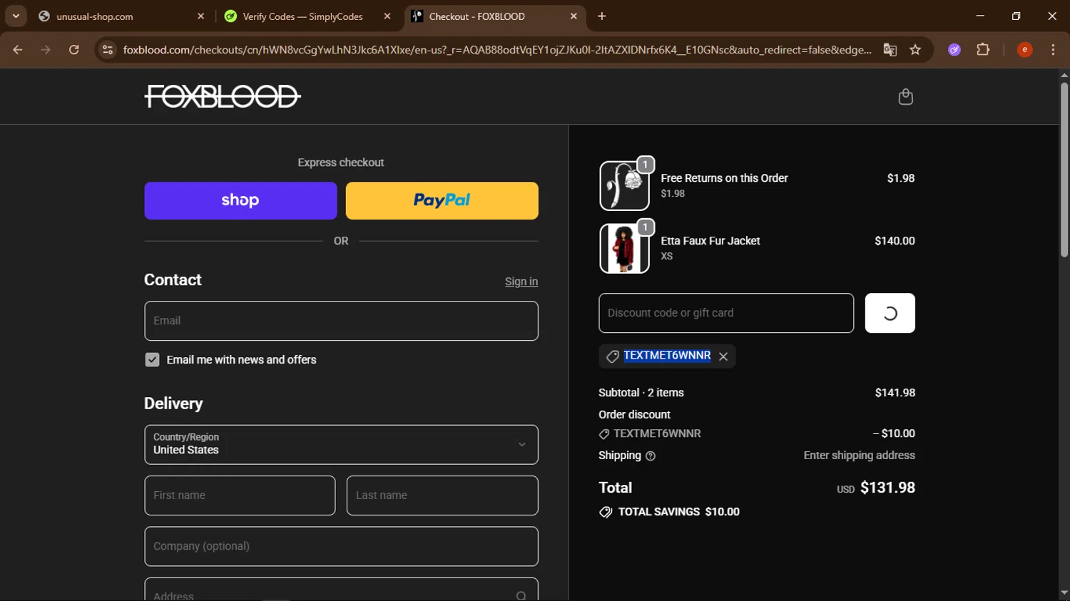 Foxblood checkout page showing Foxblood discount code box | Screenshot taken by SimplyCodes community member on Feb 18, 2026
