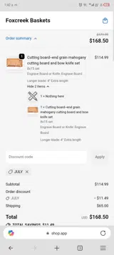 JULY coupon verification screenshot