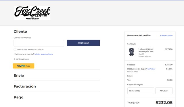 Fox Creek Leather checkout page showing Fox Creek Leather coupon code box | Screenshot taken by SimplyCodes community member on Jun 27, 2025