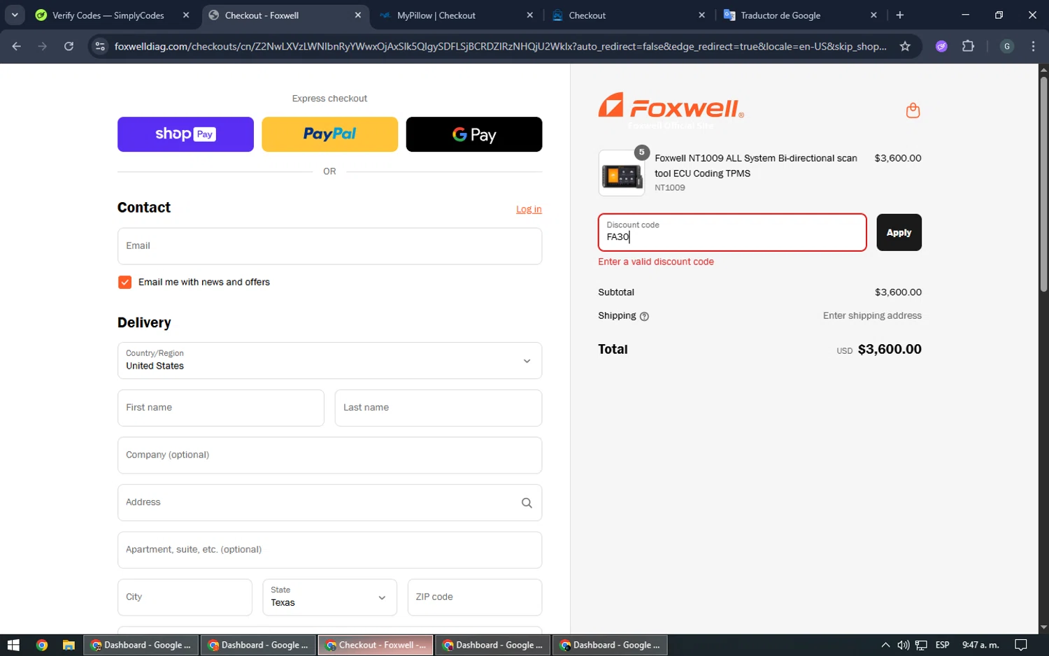 Foxwell Diag promo code screenshot showing code FA30 applied at Foxwell Diag checkout page. Uploaded by SimplyCodes community member TOUSEN on Jun 21, 2025