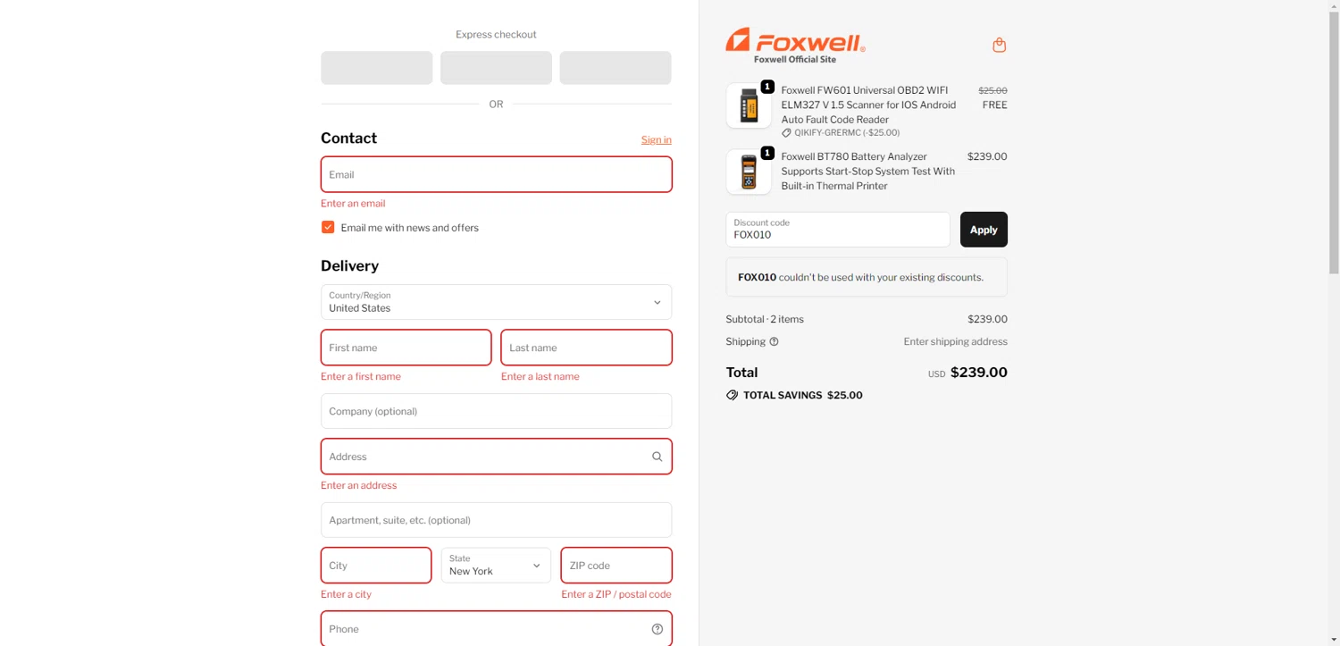 Foxwell Diag promo code screenshot showing code FOX010 applied at Foxwell Diag checkout page. Uploaded by SimplyCodes community member TreasureKnight4134 on Sep 21, 2025