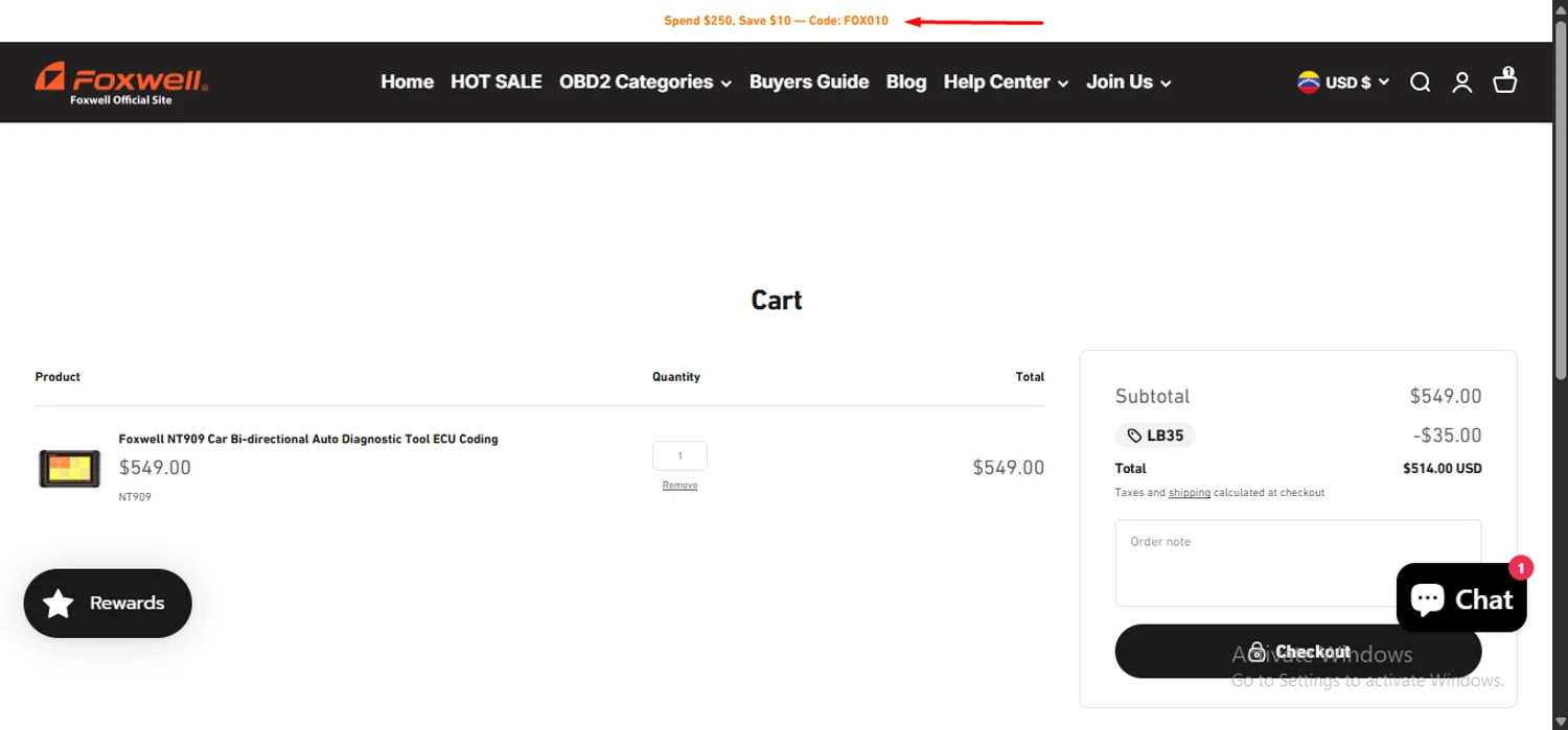 Foxwell Diag promo code screenshot showing code FOX010 applied at Foxwell Diag checkout page. Uploaded by SimplyCodes community member anosesmith on Aug 30, 2025