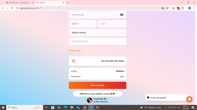 Foxy AI checkout page showing Foxy AI promo code box | Screenshot taken by SimplyCodes community member on Aug 10, 2025