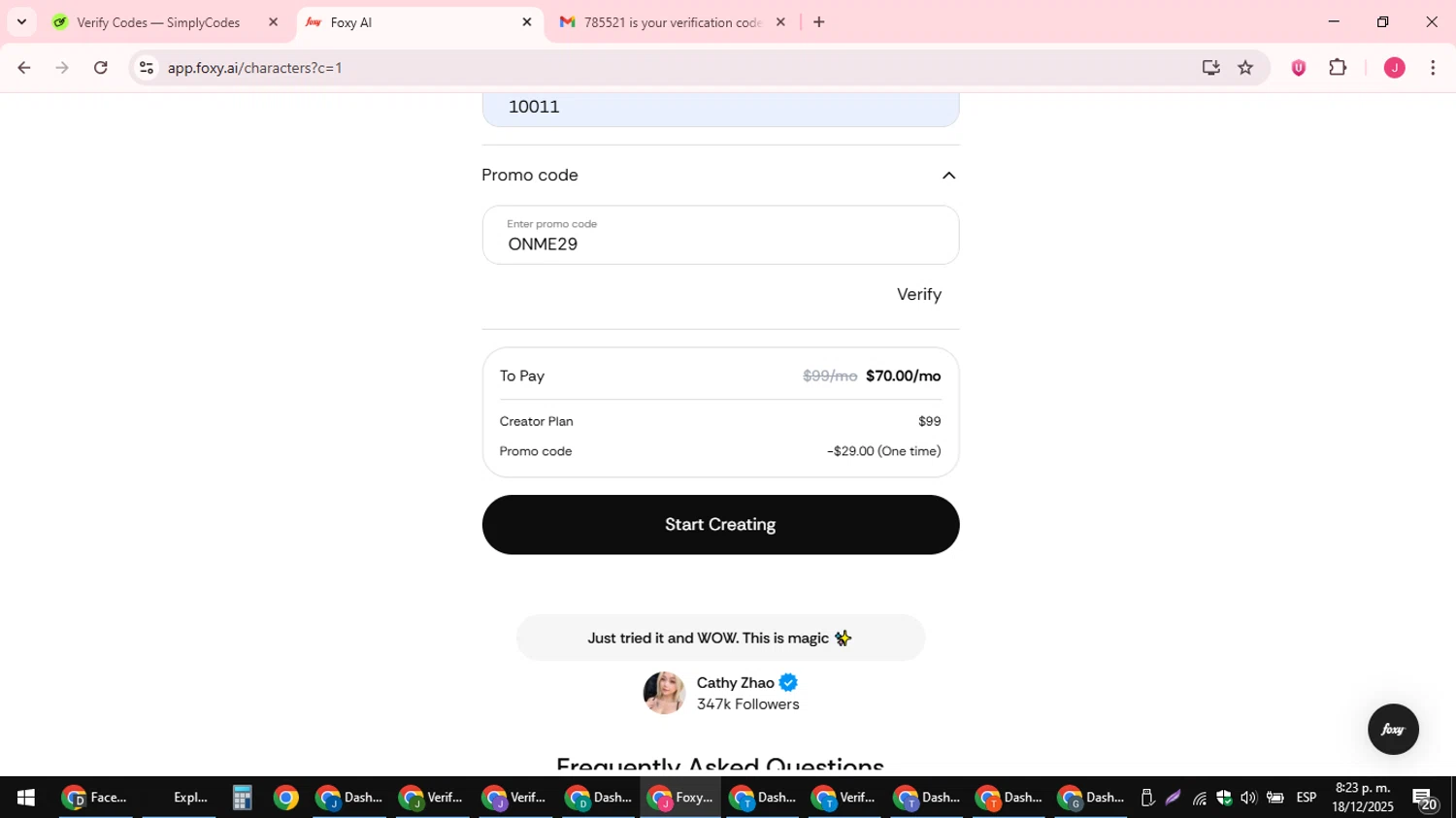 Foxy AI promo code screenshot showing code ONME29 applied at Foxy AI checkout page. Uploaded by SimplyCodes community member JackWilson63 on Dec 19, 2025