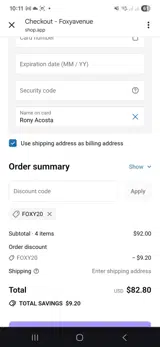Foxyavenue coupon verification screenshot