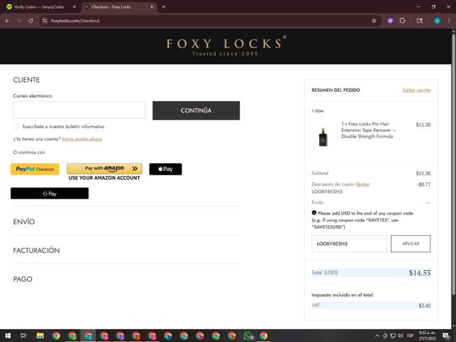 Foxy Locks checkout page showing Foxy Locks discount code box | Screenshot taken by SimplyCodes community member on Jul 27, 2025