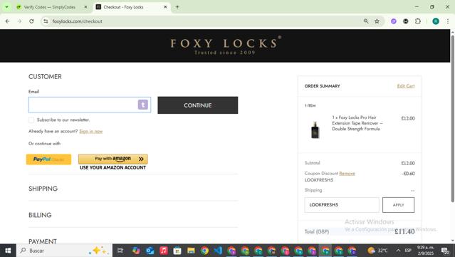 Foxy Locks checkout page showing Foxy Locks discount code box | Screenshot taken by SimplyCodes community member on Sep 2, 2025