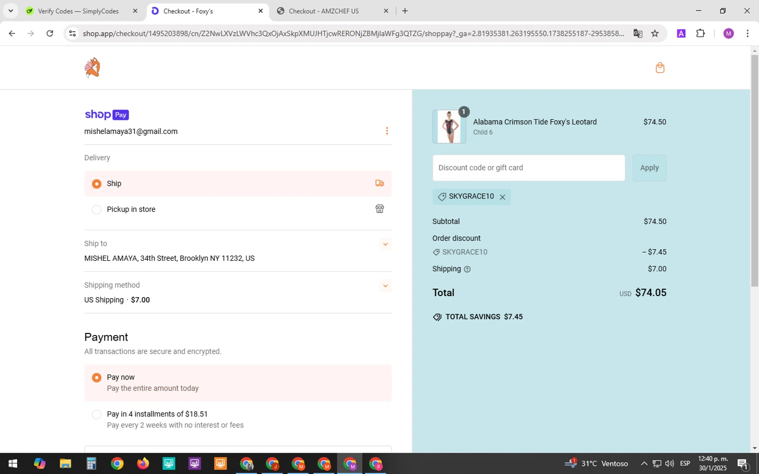 Foxy's Leotards promo code screenshot showing code SKYGRACE10 applied at Foxy's Leotards checkout page. Uploaded by SimplyCodes community member Daless on Jan 30, 2025