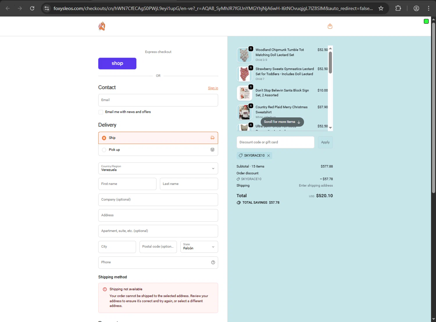 Foxy's Leotards promo code screenshot showing code SKYGRACE10 applied at Foxy's Leotards checkout page. Uploaded by SimplyCodes community member luffyreturn on Jan 4, 2026