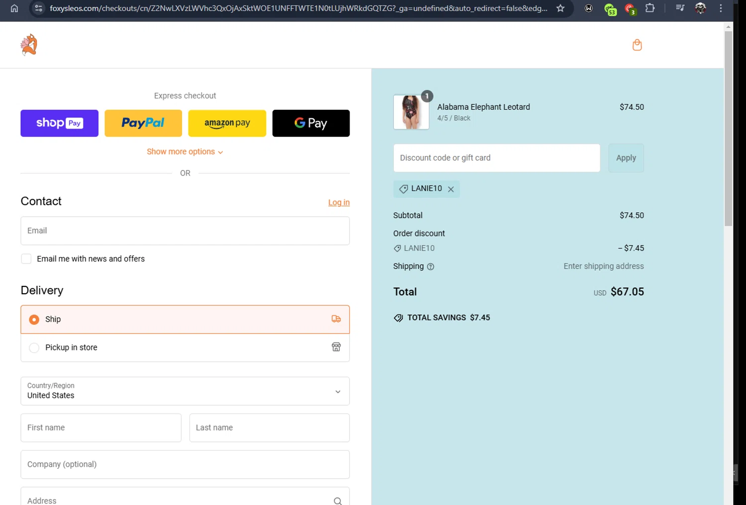 Foxy's Leotards promo code screenshot showing code LANIE10 applied at Foxy's Leotards checkout page. Uploaded by SimplyCodes community member Jmhernand1 on Feb 11, 2025