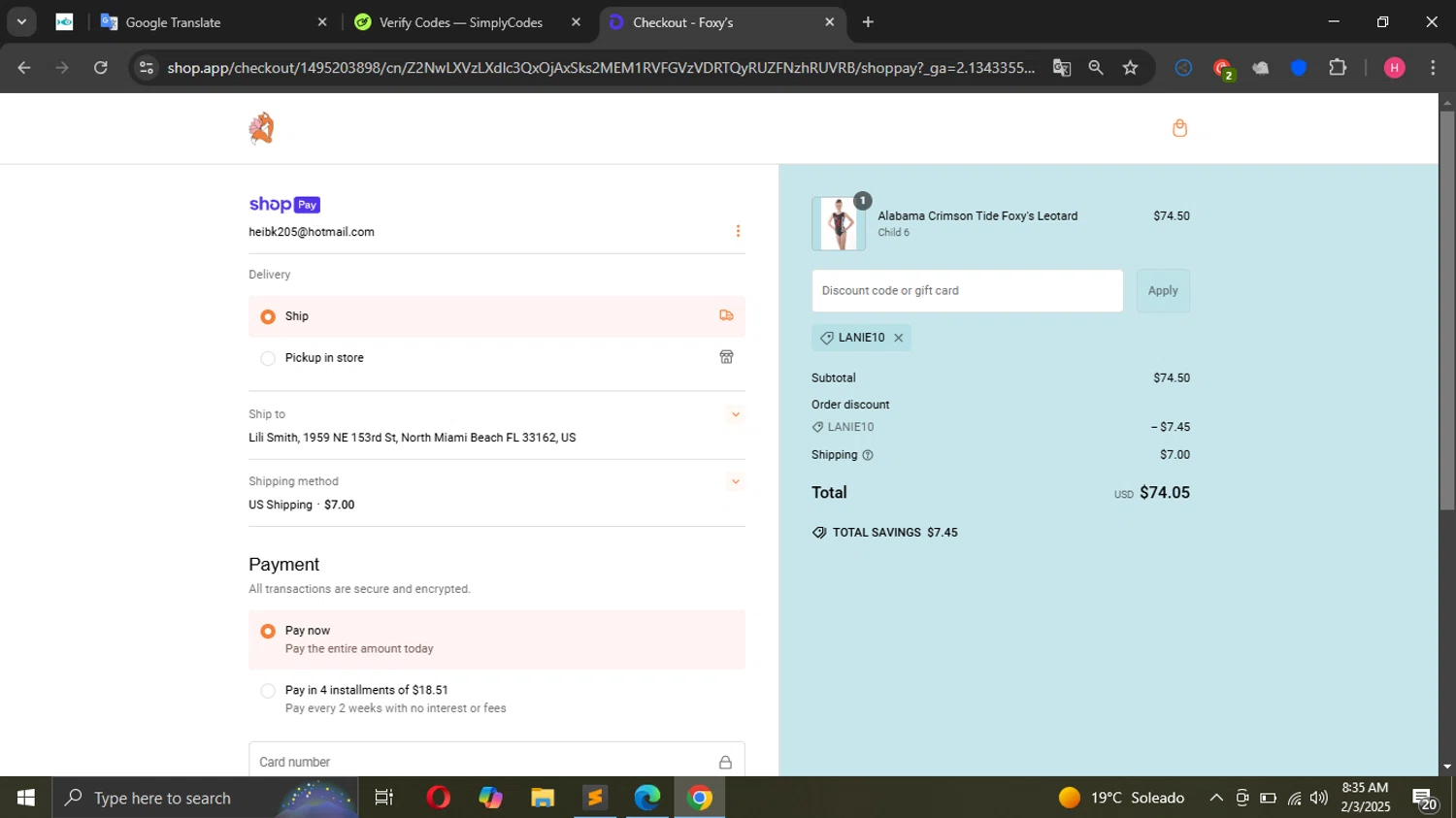 Foxy's Leotards promo code screenshot showing code LANIE10 applied at Foxy's Leotards checkout page. Uploaded by SimplyCodes community member Sargentofrost on Feb 3, 2025