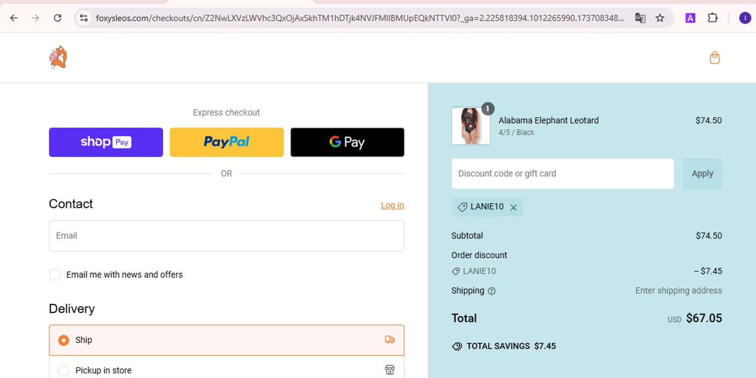 Foxy's Leotards promo code screenshot showing code LANIE10 applied at Foxy's Leotards checkout page. Uploaded by SimplyCodes community member rafael2 on Jan 17, 2025