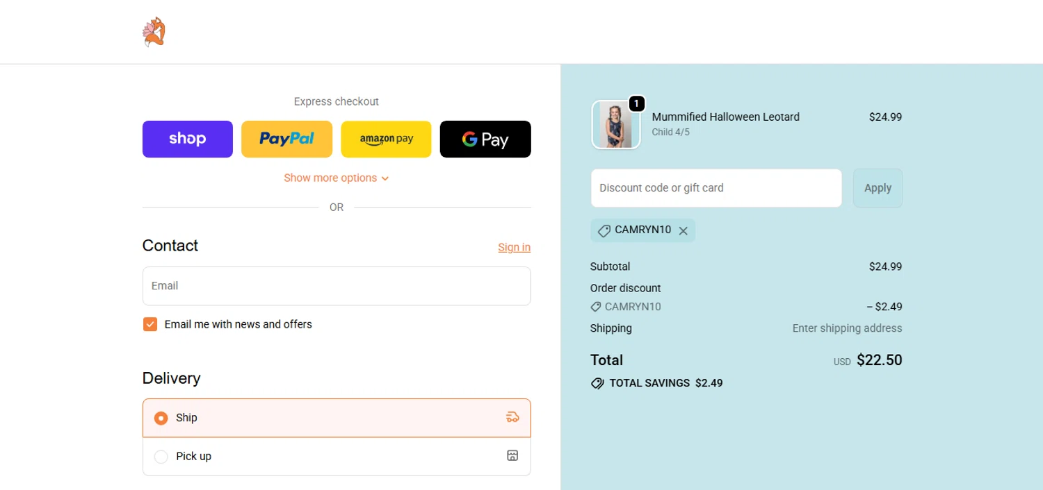 Foxy's Leotards promo code screenshot showing code CAMRYN10 applied at Foxy's Leotards checkout page. Uploaded by SimplyCodes community member MoneyHunter5624 on Dec 12, 2025